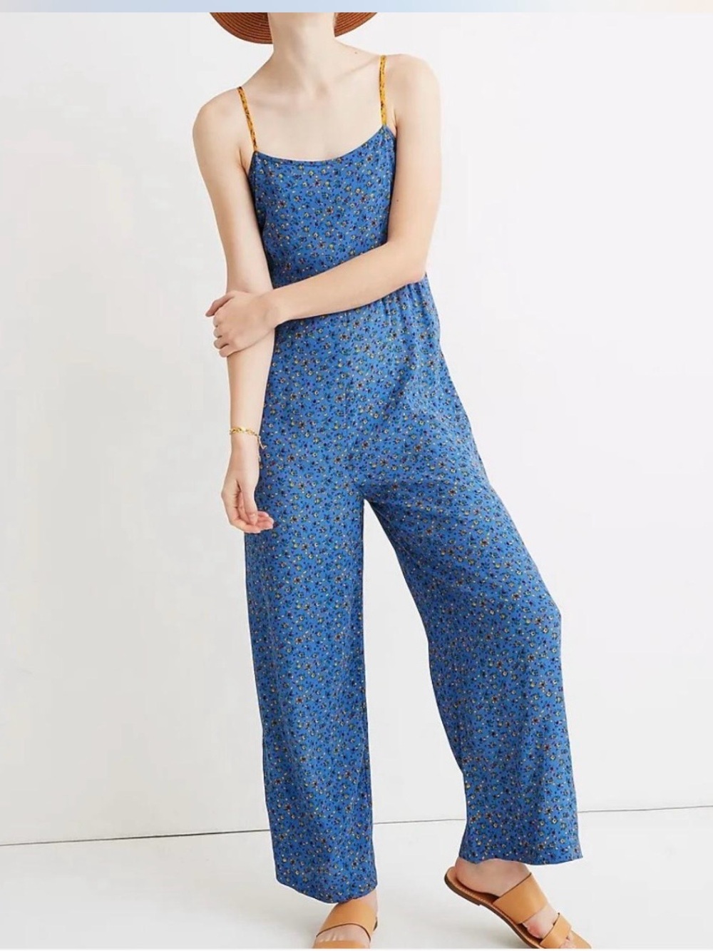Madewell Wide-Leg Cami Jumpsuit Calico Floral Blue Mustard Straps Size 4 Boho